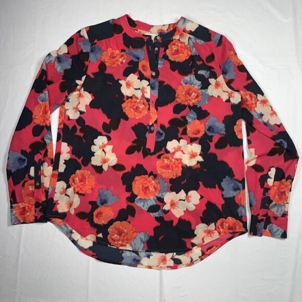 J.Crew Women Draped Henley Blouse Long Sleeve Pink Black Floral Half Buttonup XS
